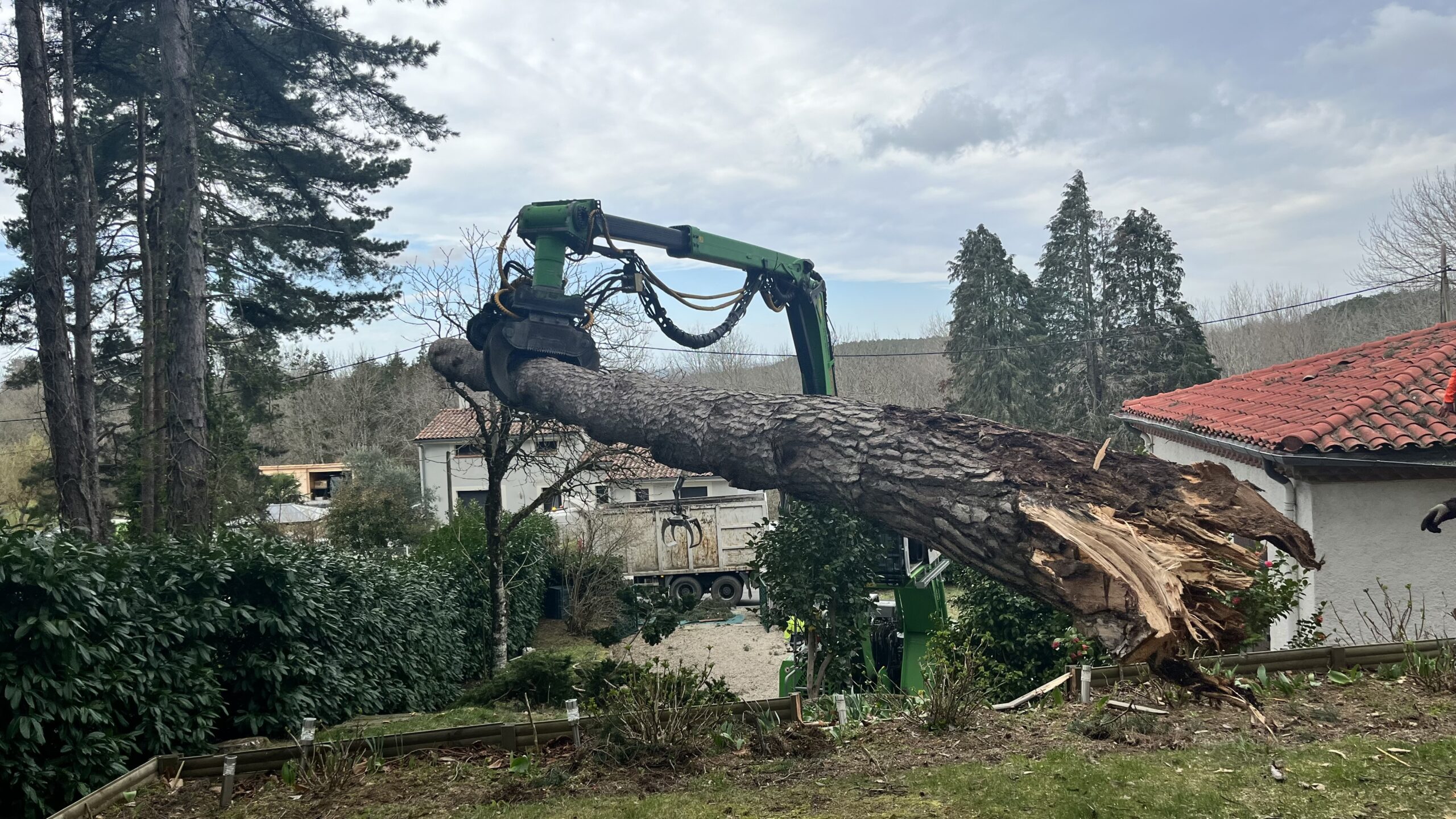 Intervention d'élagage en hauteur avec nacelle par Eco.Va.Na en Occitanie